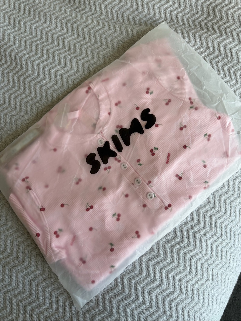 SKIMS Soft Lounge Henley Top Cherry Print Pink XS NWT Ribbed Modal Long Sleeve